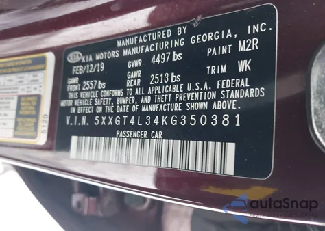 2019 Kia Optima Lx из США, поврежденный, VIN 5XXGT4L34KG350381